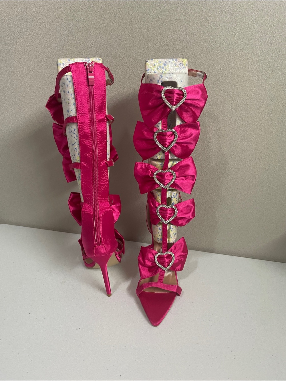 Hot Pink Bow & Heart Gladiator Stiletto Sandals